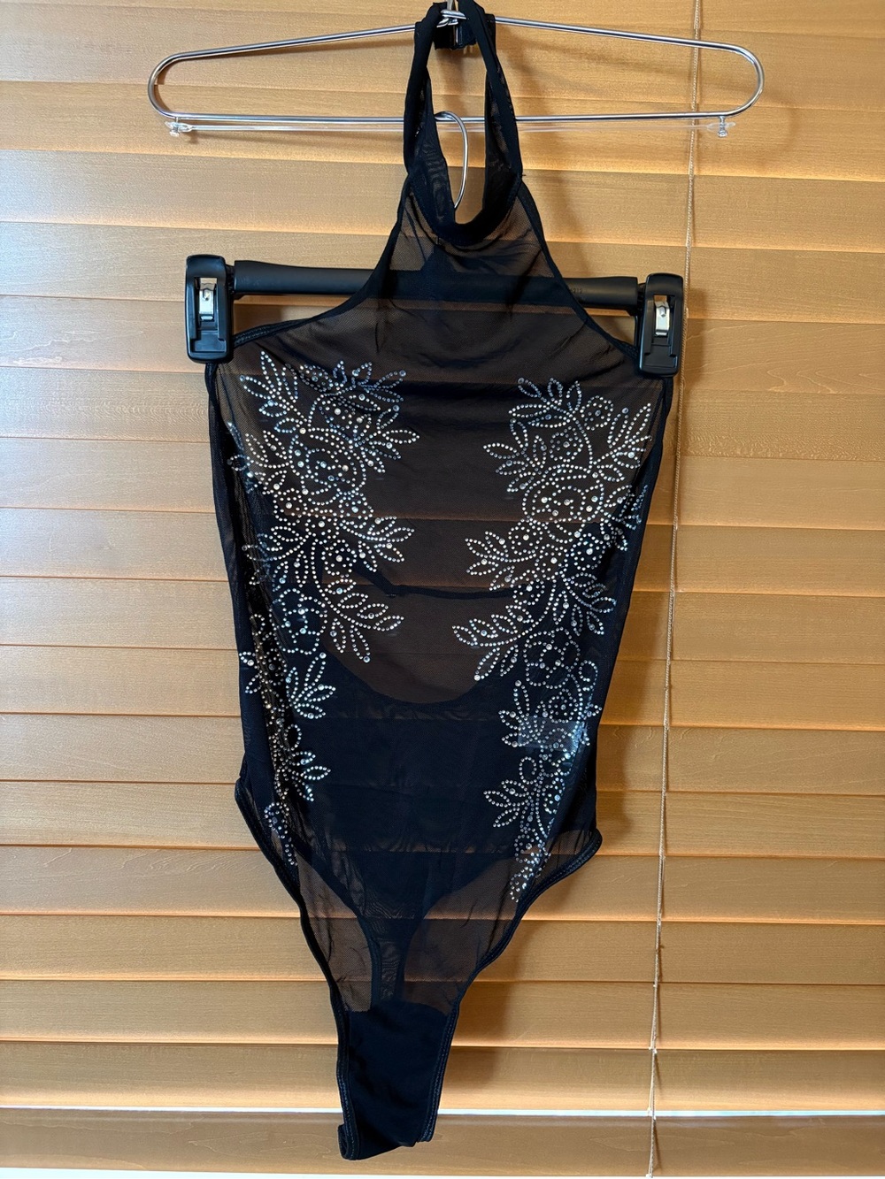 Eirece NWT Sexy Black Mesh Top with Rhinestones, adjustable back strap, halter.